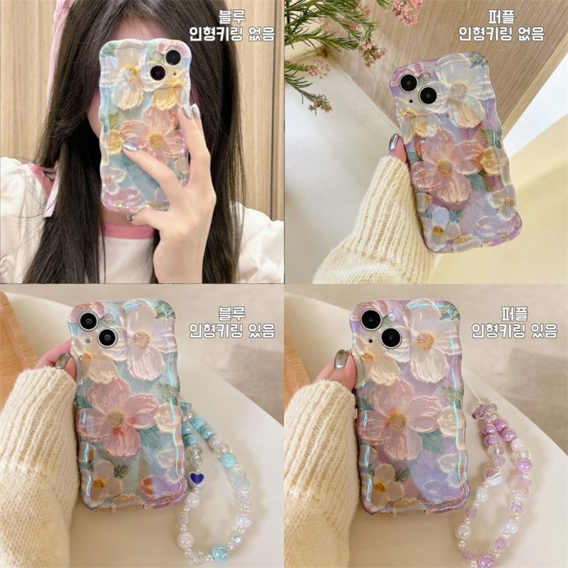 3D Flower Chain Wave Frame iPhone Case with Beaded Wrist Strap