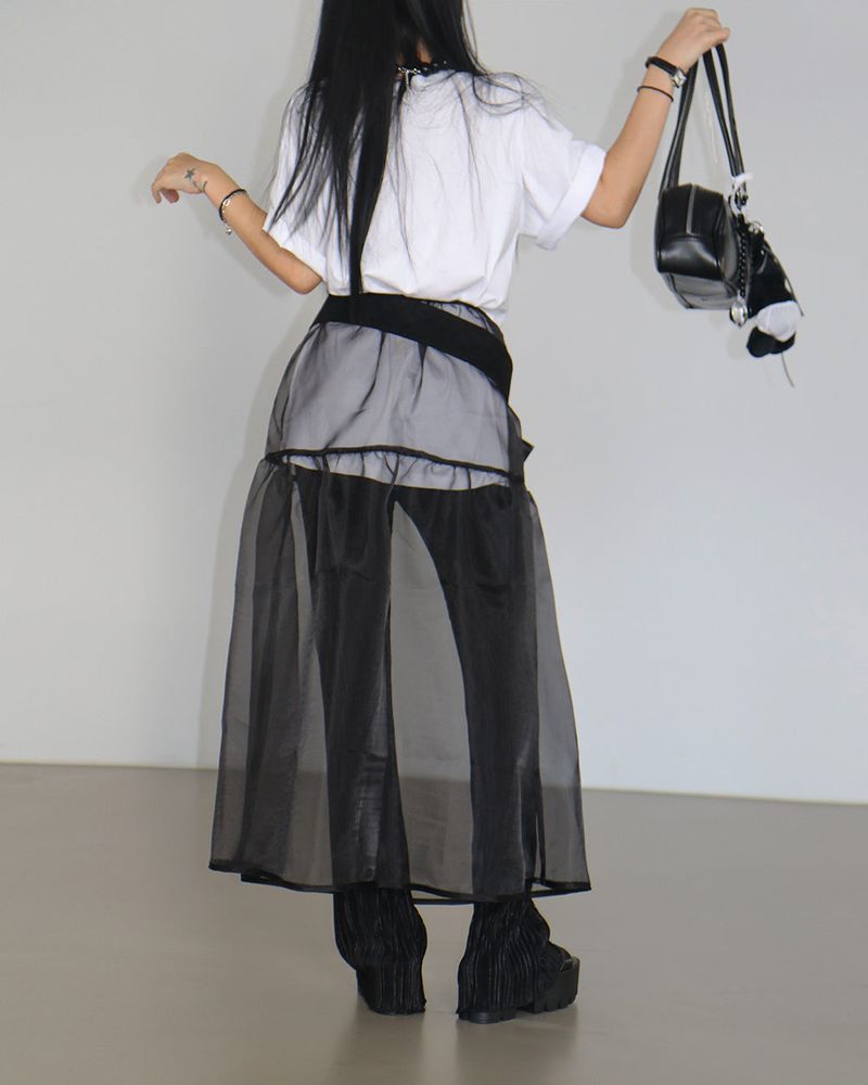 Volume see-through layered long skirt