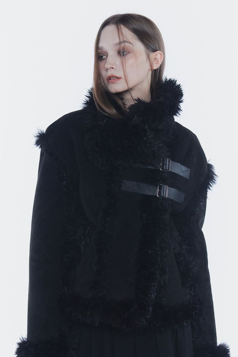 LUNA BELTED SHEARLING JACKET black