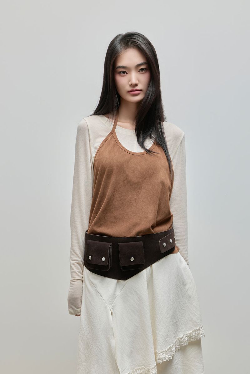 Halter-Tie Suede Apron_Brown