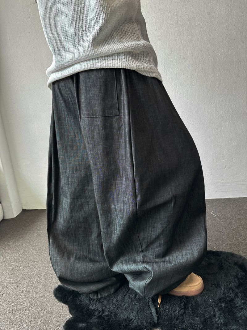 Lever Side Panel Elastic Waist Raw Denim Pants 2color