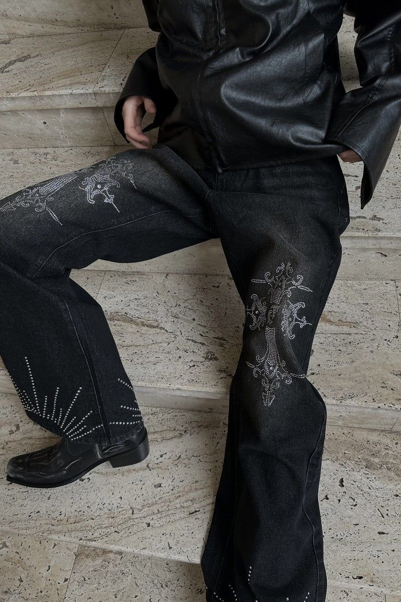 Washed Rhinestone Flare Jeans
