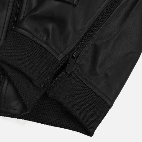 Track shirring leather hooded jacket