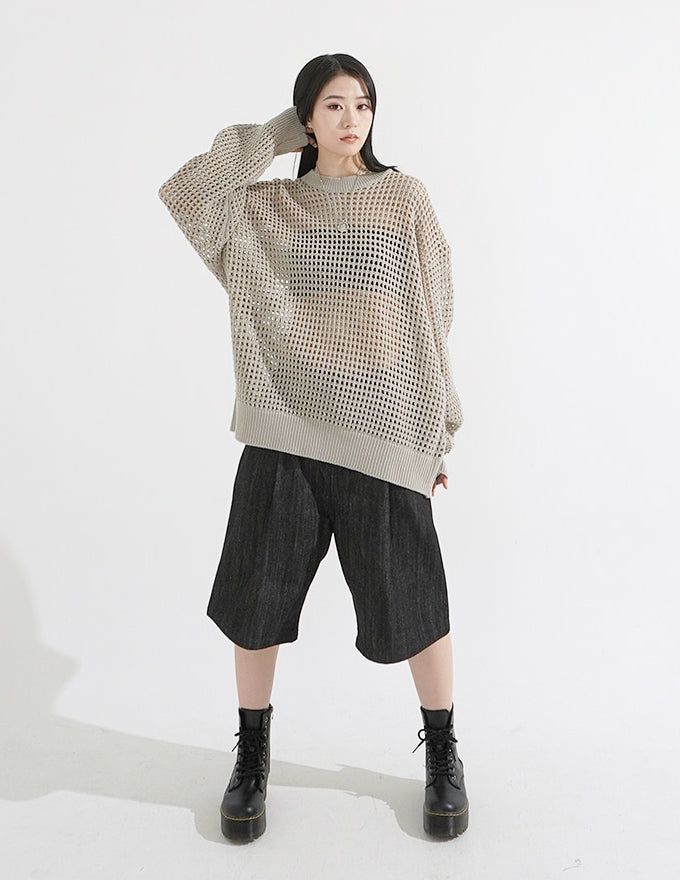 Pintuck Wide Raw Denim Bermuda Pants