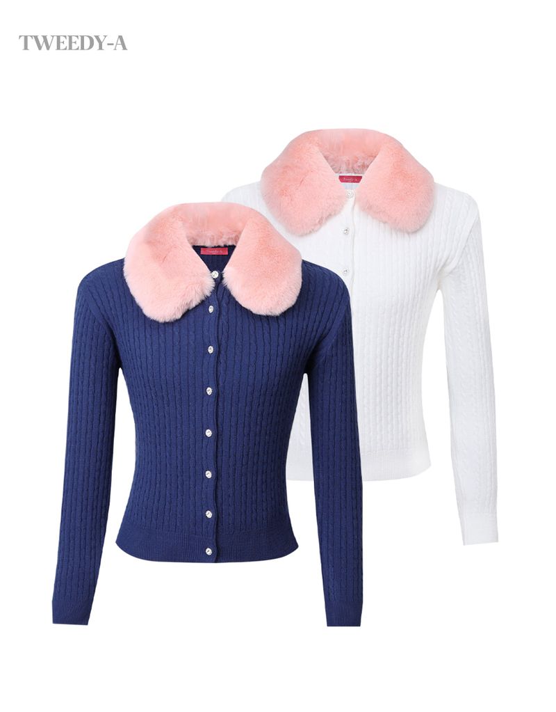TWEEDY-A（ツウィーディア）の「Cloud pink soft fur neck collar cable cardigan 2 colors（Jackets/Outerwear）」
