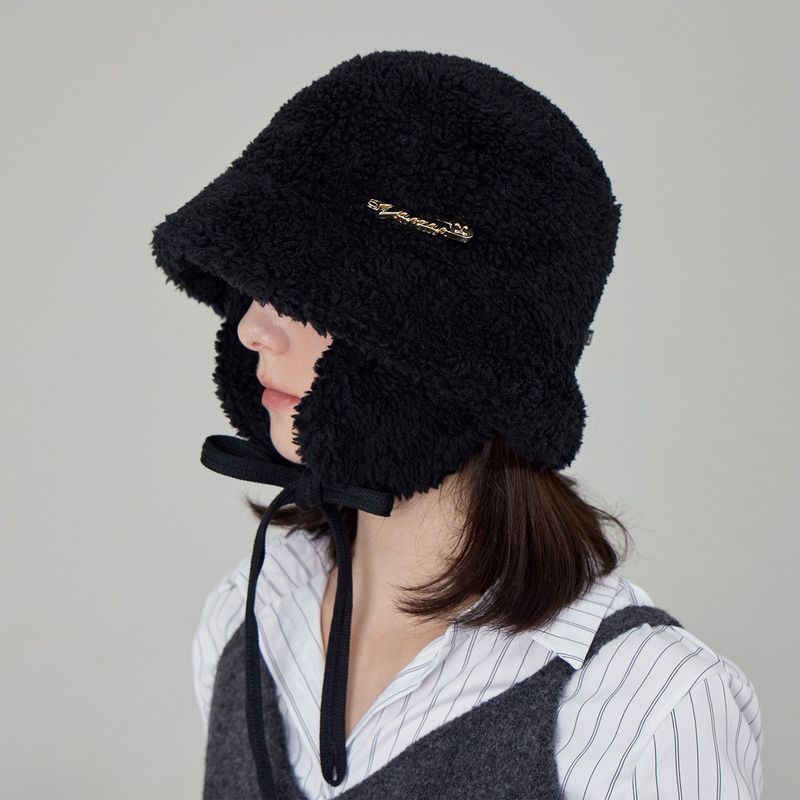 VARZAR Safety Pin Sherpa Fur Flap Bucket Hat / Black