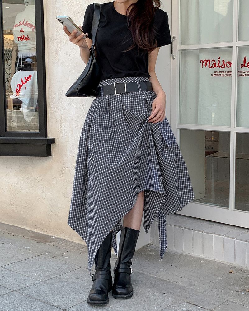 Morang check skirt & belt set