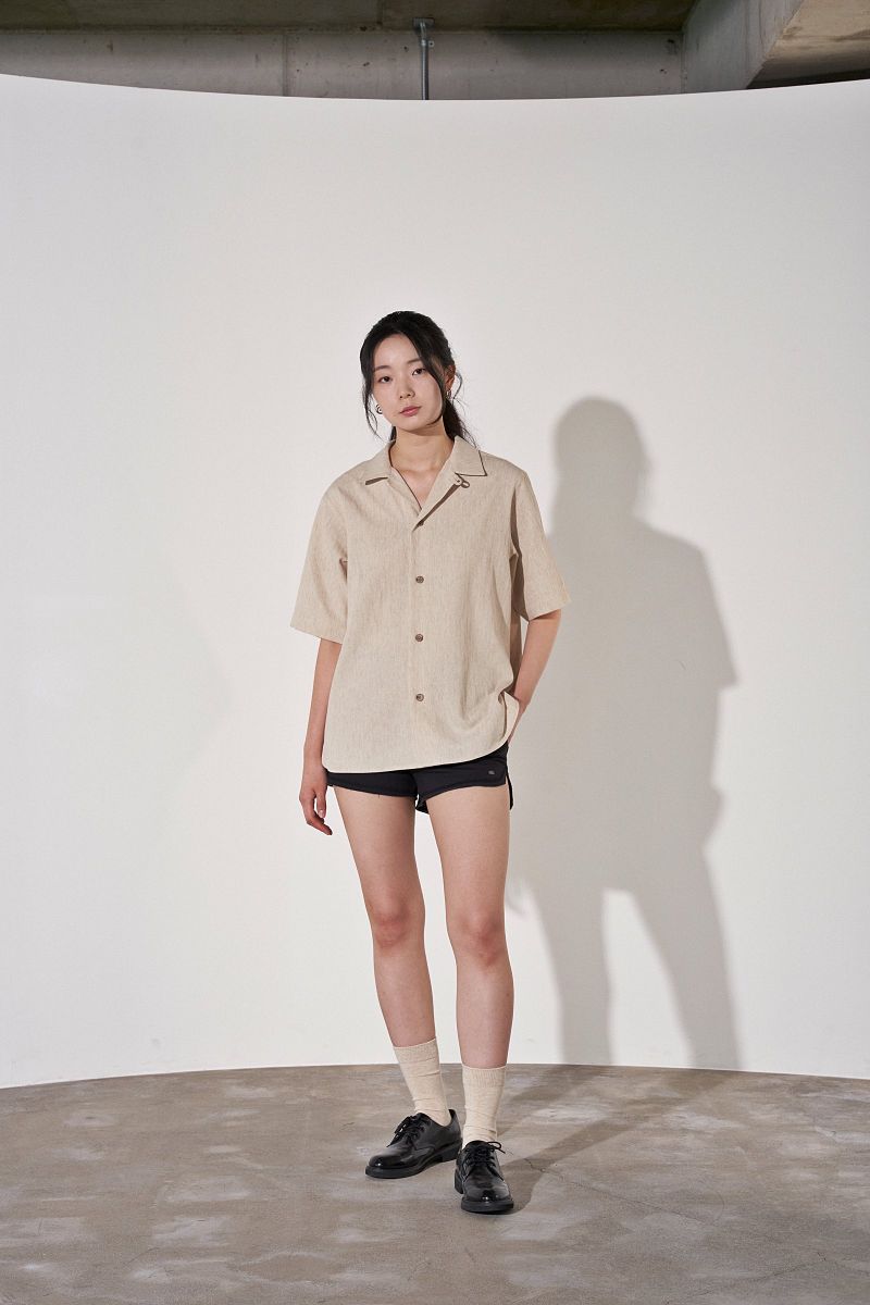 HERRINGBONE LINEN TAILORED 1/2 SHIRT (Oatmeal)