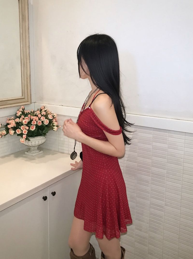 Cherry Kiss Dot Shirring Halter Mini Dress
