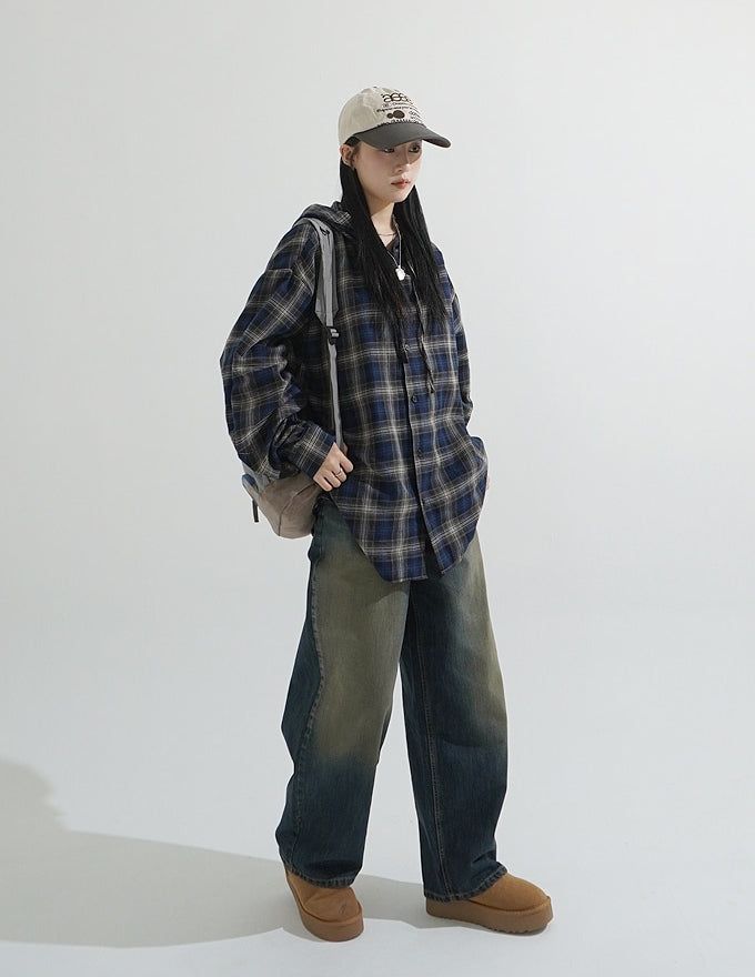 Retro flannel check hood shirt