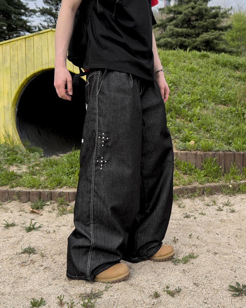 Bone Cross Stud Wide Denim Pants