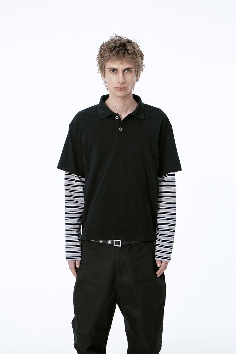 ETCE（イーティーシーイー）の「(BASE) レイヤードストライプポロ長袖Tシャツ (ブラック)（トップス）」