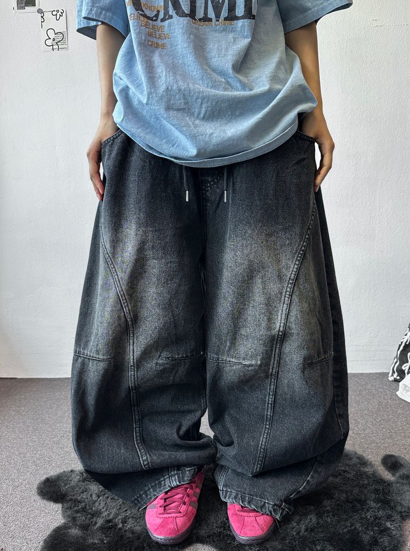 Devil Rivet Elastic Waist Balloon Denim Pants 2color