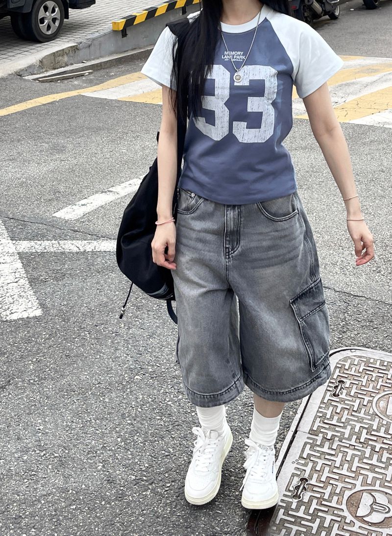 Unisex Two-way Bermuda Zipper cargo wide denim pants
