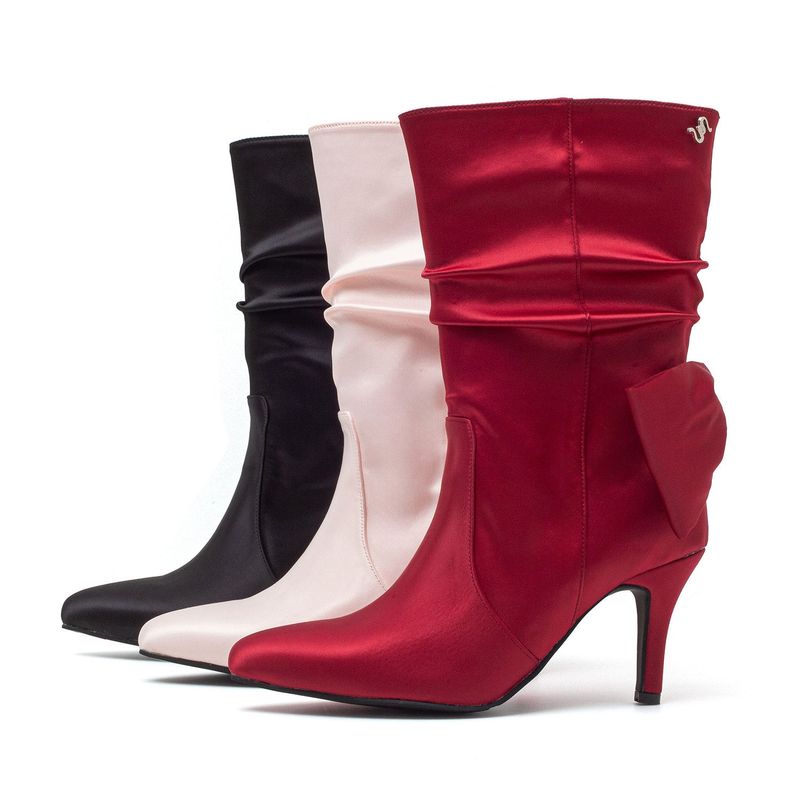 Satin Ribbon Boots Heel(Red)
