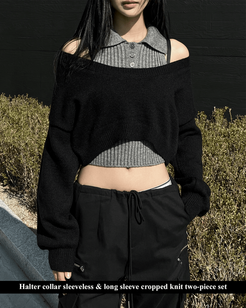 GUSTA（グスタ）の「Halter collar sleeveless & long sleeve cropped knit two-piece set (2 colors)（Tops）」
