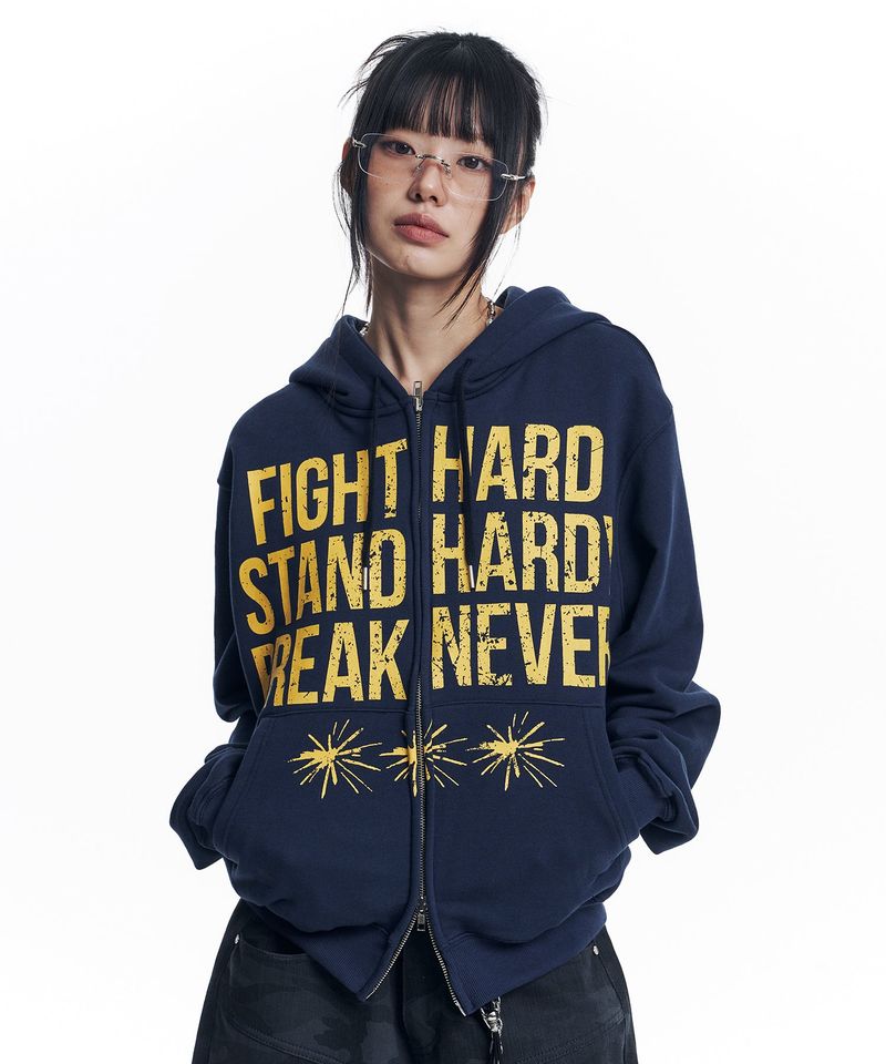 Crack Print Lettering Hooded Zip-Up - Navy