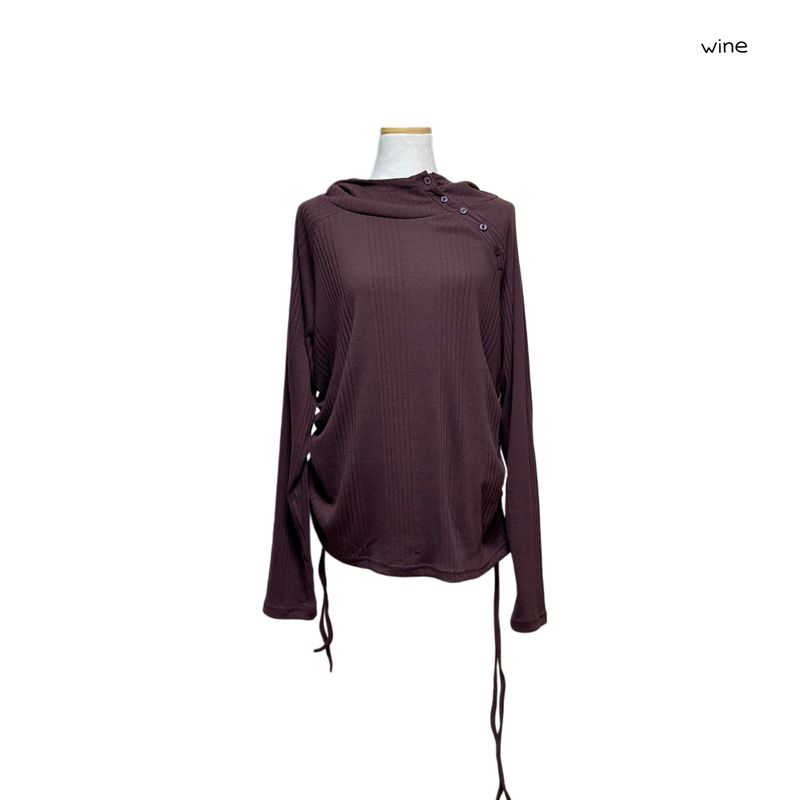 (3color) Shirring Diagonal Button Drape Hoodie Knit Tee