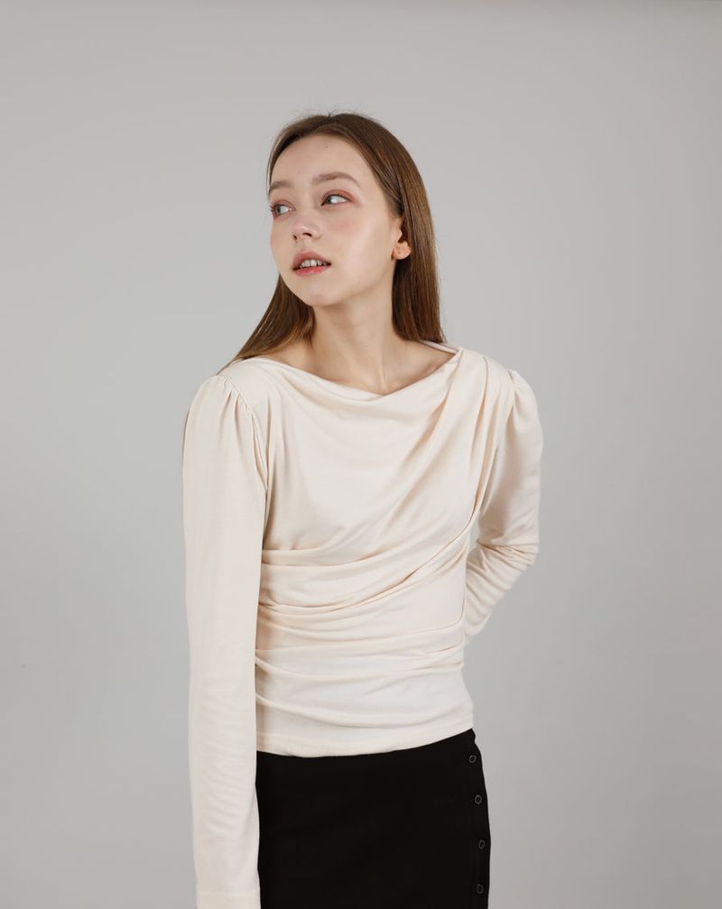 Drape Puff Shirring T-shirt Beige