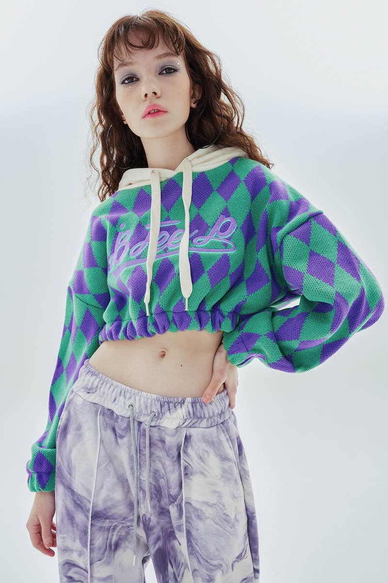 big logo argyle crop hood_purple&green