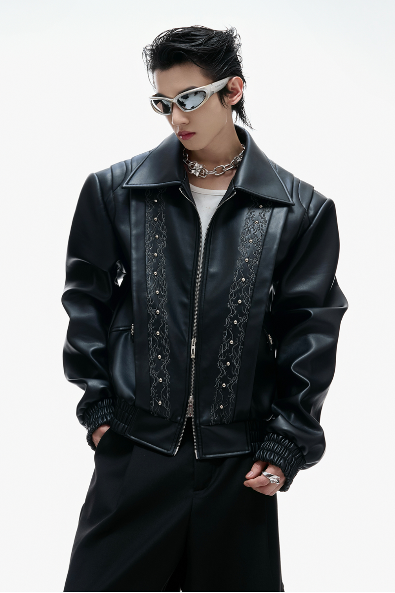 Argue Cultureの「Embroidered Deconstructed Cropped Leather Jacket（Jackets/Outerwear）」