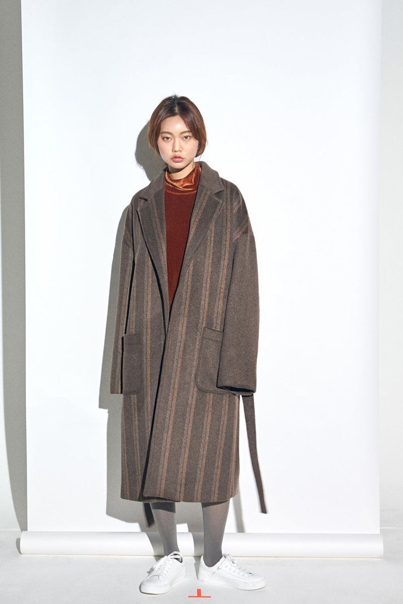 STRIPE COMBINATION WOOL ROBE COAT (Brown)
