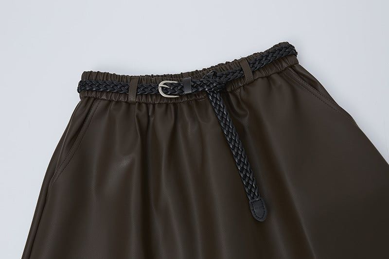 Twisted Belt Leather Long Skirt