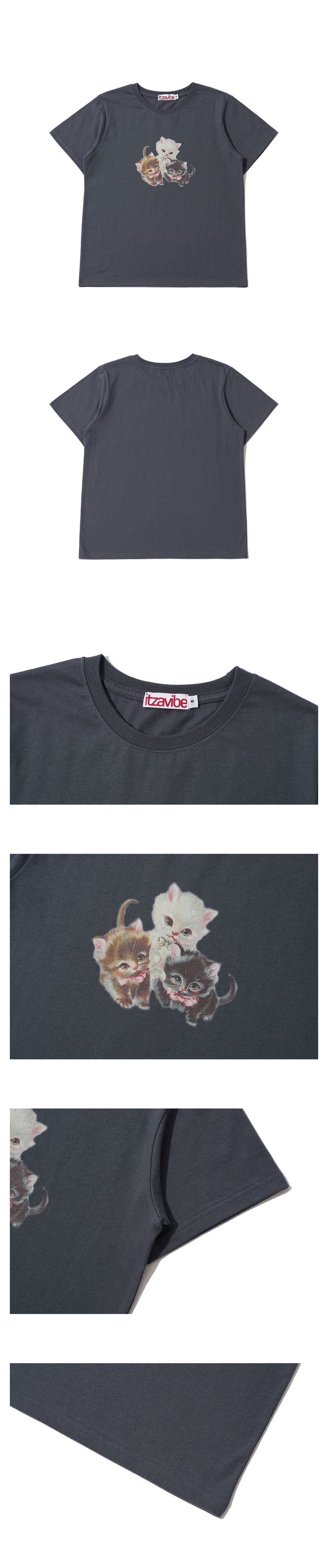 THREE BABY CATS SLIM T SHIRT - CHARCOAL