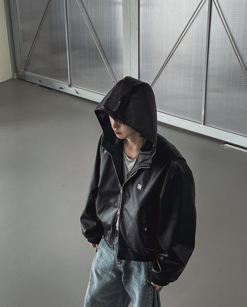 [PREMIUM/MADE] Nut leather label crop hooded jumper