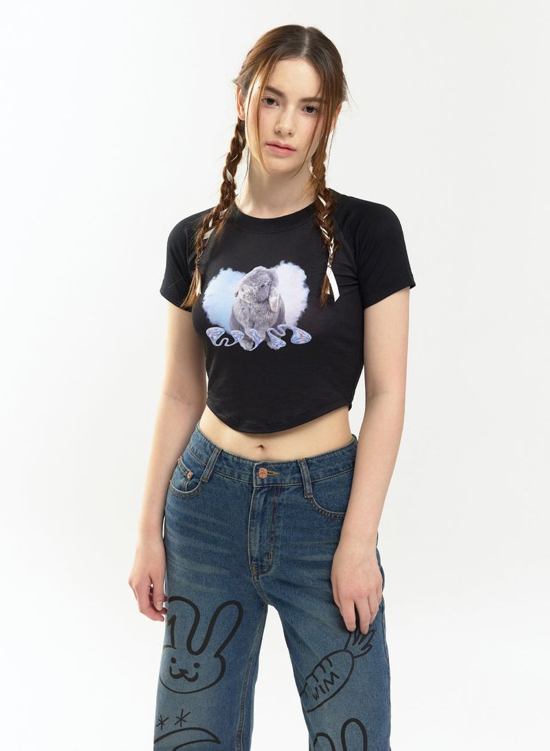 Heart bunny Raglan Crop-T (black)