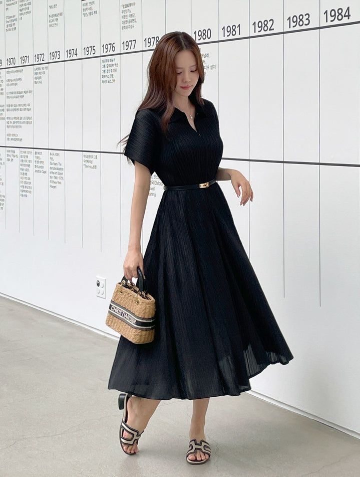 Karon Zipper Collar Pleated Maxi One Piece