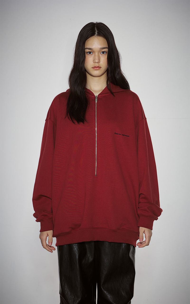 HAIF-ZIP HOODIE (LONG)_DARK RED