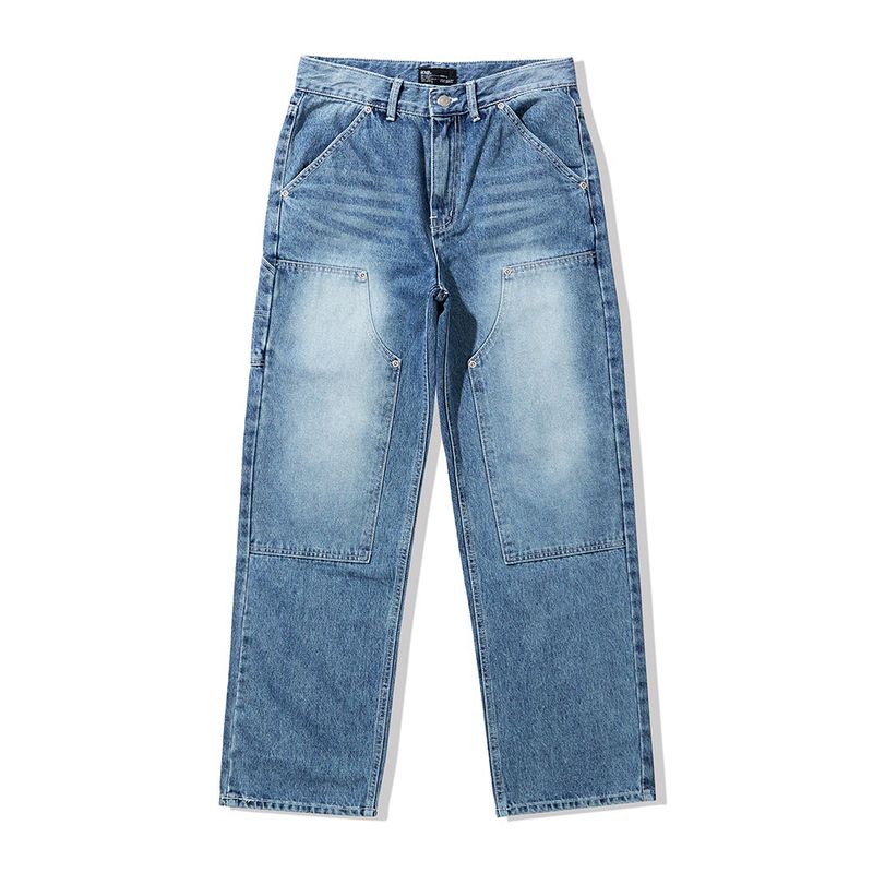 STRAIGHT DOUBLE KNEE WASHED DENIM PANTS BLUE