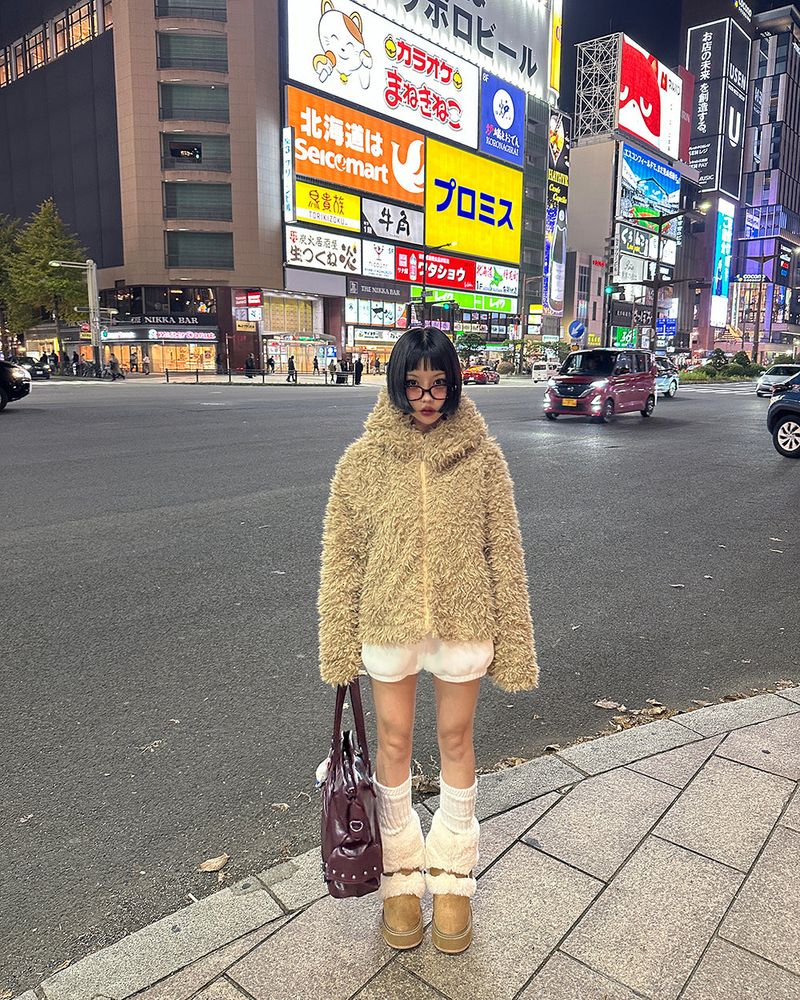 Rabbit ear hood zip-up soft fur jacket