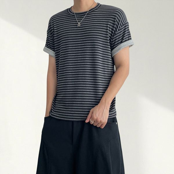 Ro-up Layered Roll-Up Stripe Short Sleeve T-Shirt (4 colors)