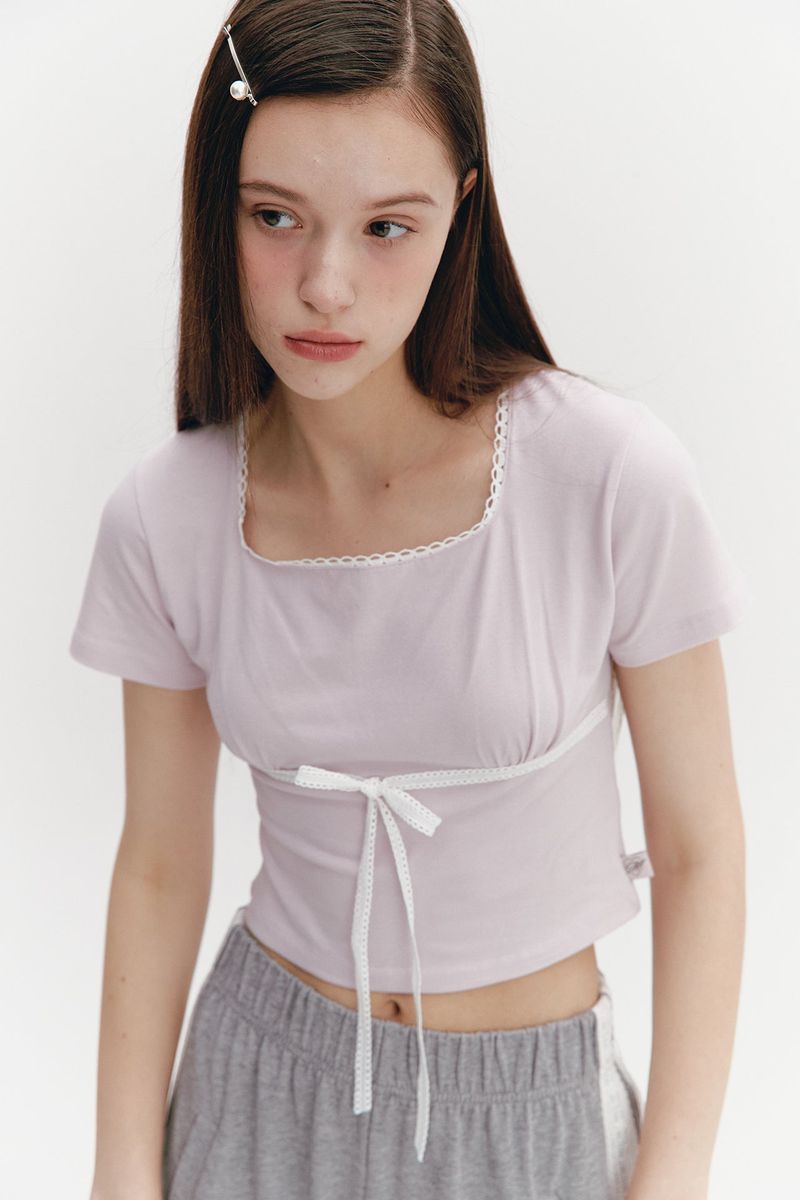 Lace Ribbon Shirring Top Pink