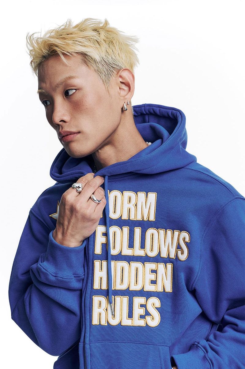 Star Lettering Patch Hoodie Zip-Up - Blue