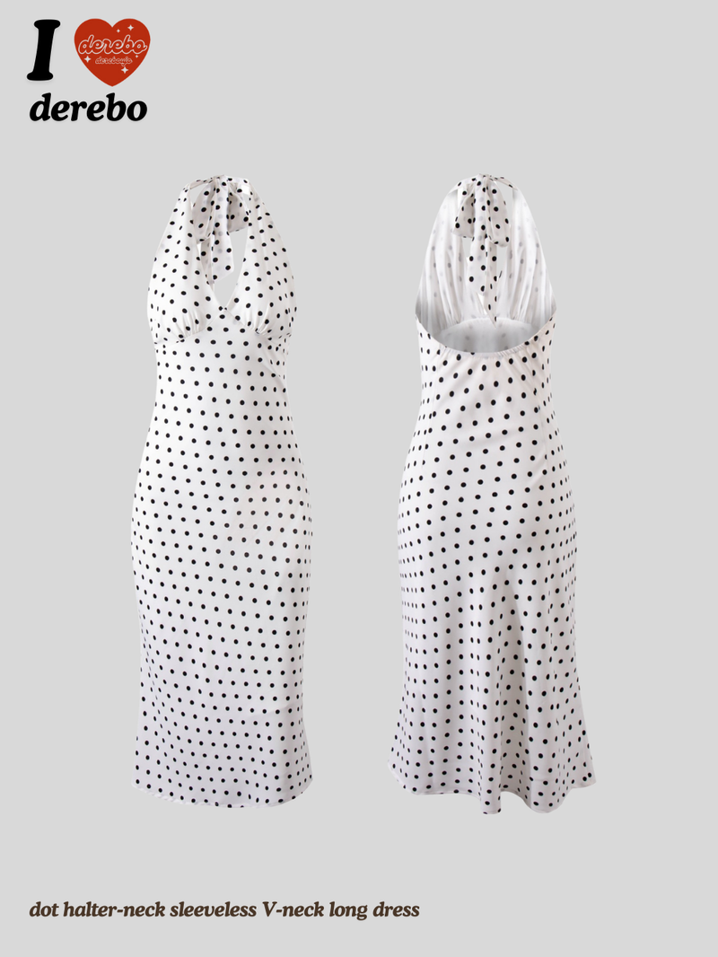 dot halter-neck sleeveless V-neck long dress