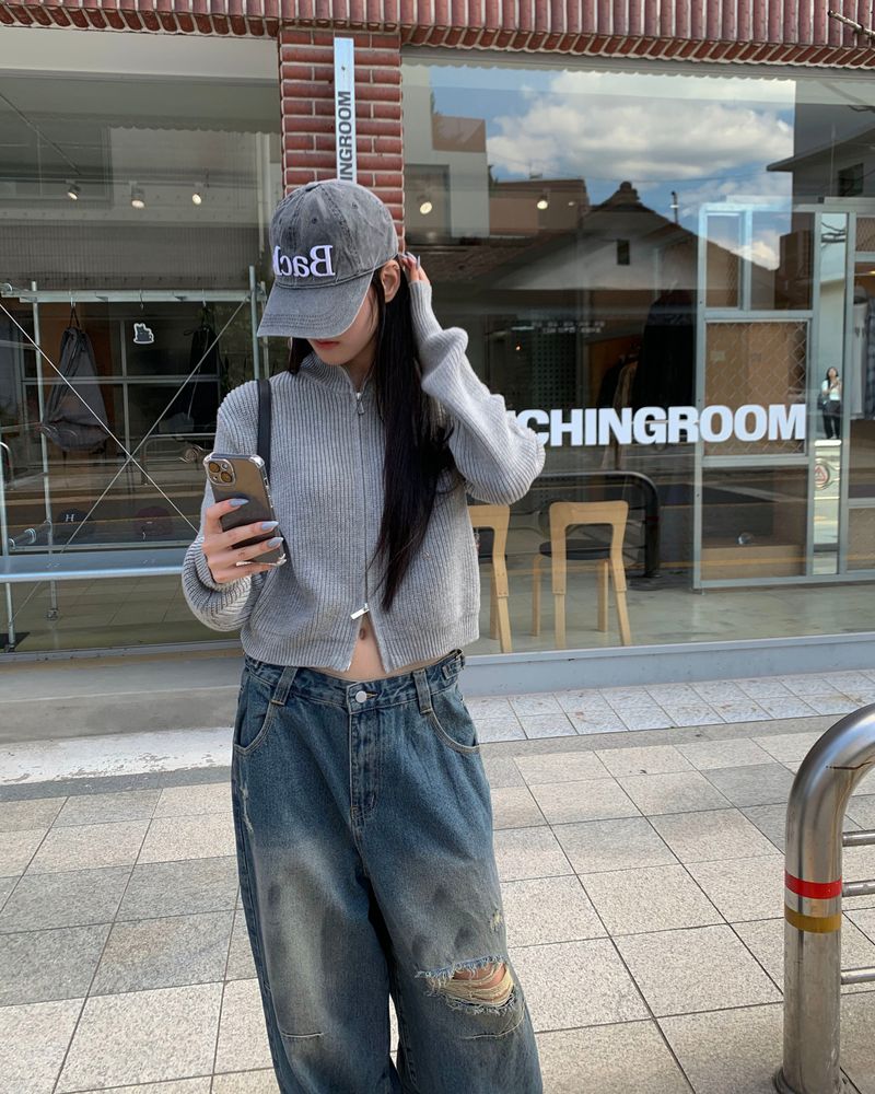 (Unisex) ボタンダメージデニムパンツ