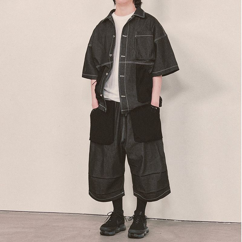 reverse terry pocket denim capri shorts_black