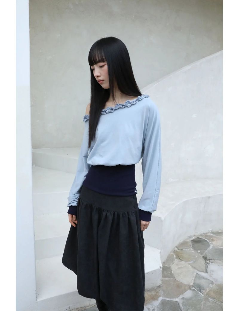 OFF-SHOULDER RUFFLE TOP(BLUE)
