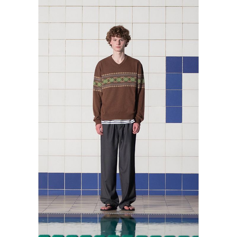 CLOVER ARGYLE V NECK KNIT / BROWN