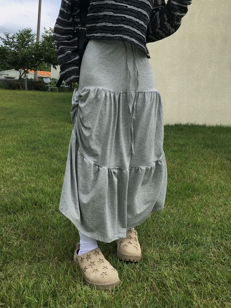 Shuming Unbal Shirring Banding Long Skirt (2c)  