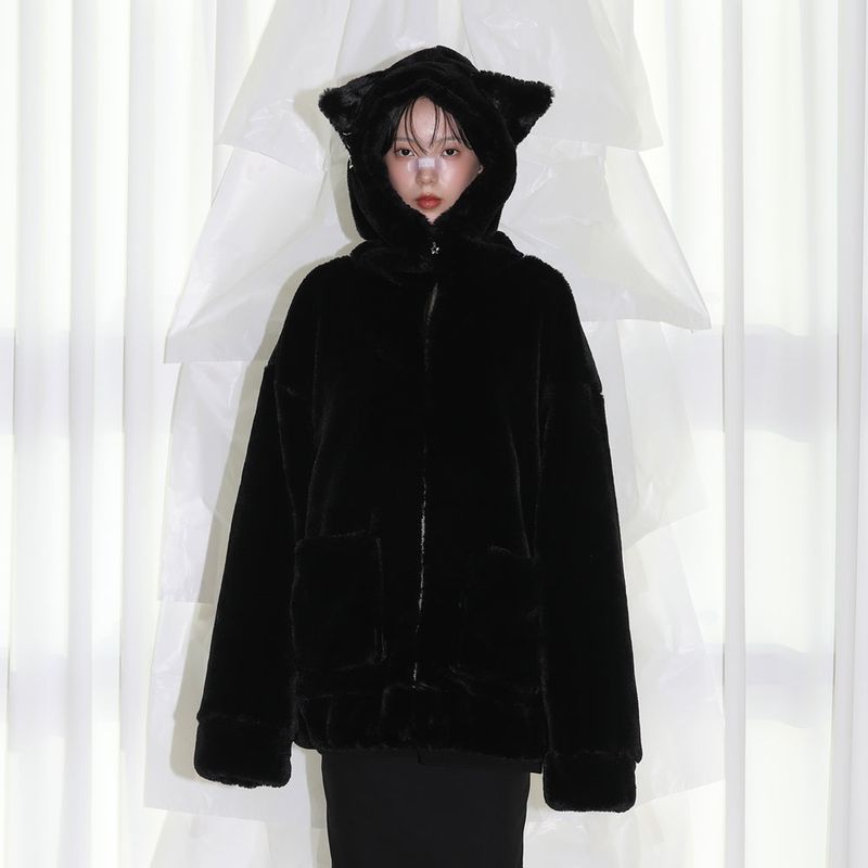Cat Ear Fur jacket -  BLACK