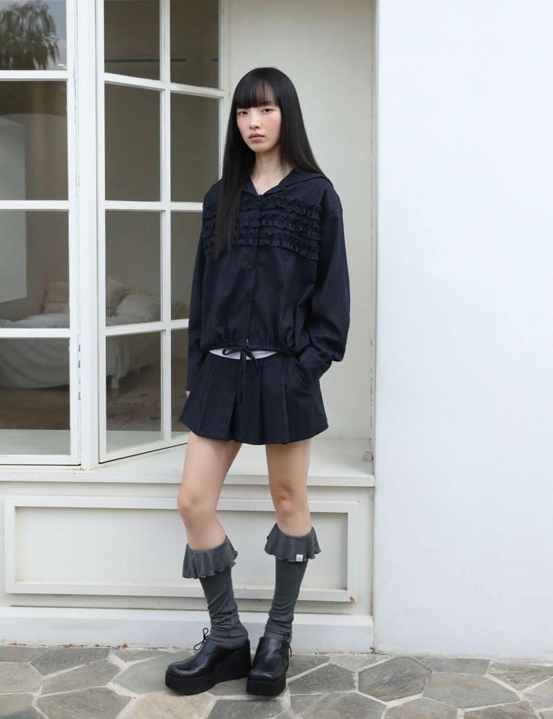 STRIPE RUFFLE HOODED SHIRT(NAVY)