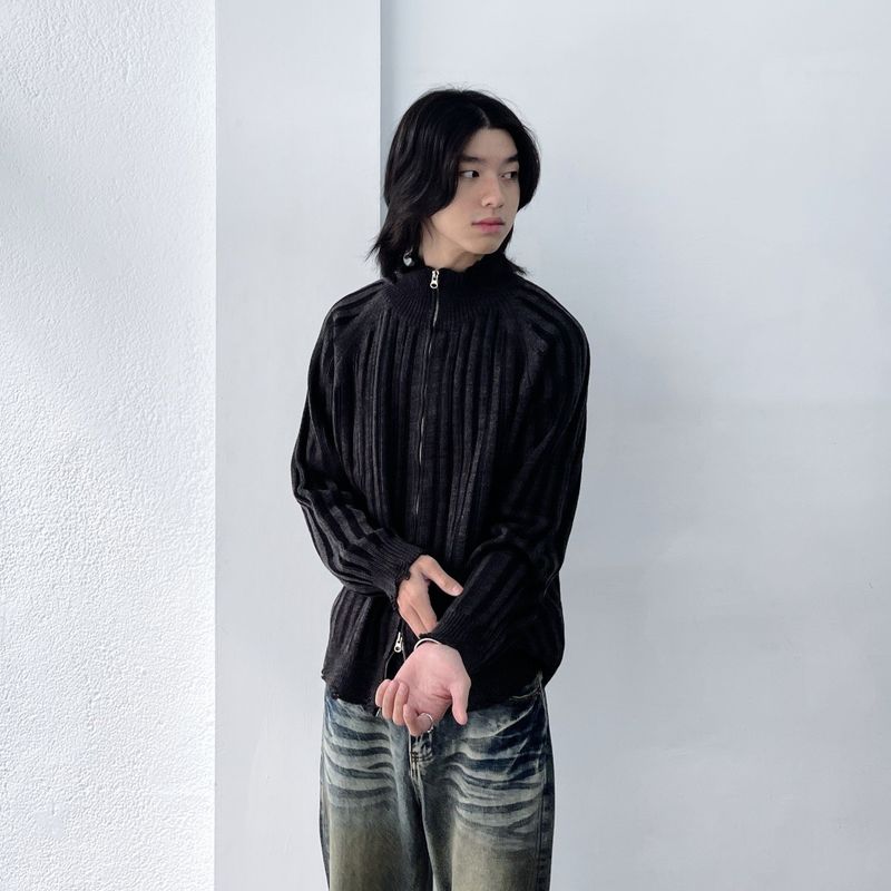 High-Neck Stripe Knit Jacket