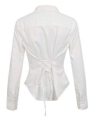 White V-neck Frill Style Long-Sleeved Shirt