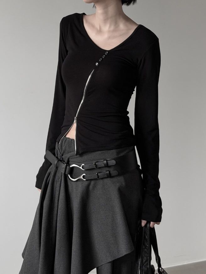 Wet Button Slit Zipper Long Sleeve Top