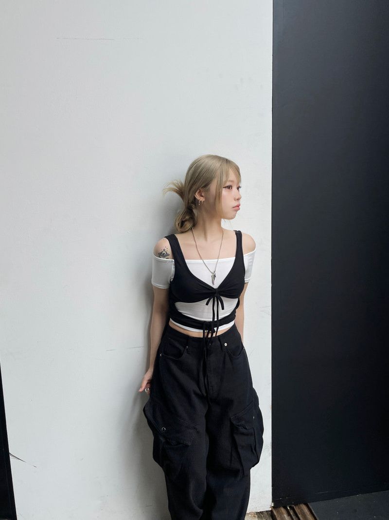Layered Strap Hole Ribbon Top