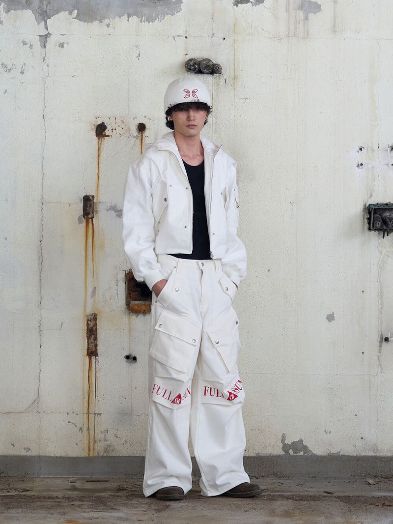 Ghost In The Shell Logo Denim Cargo Pants (White)